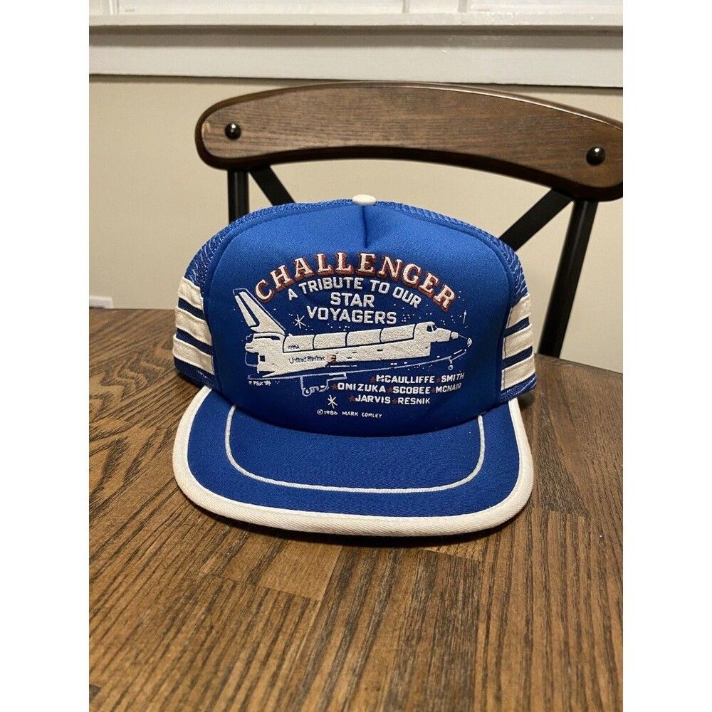 Vintage 1986 Challenger Tribute Snapback Hat Cap NASA Space 3 Stripe Trucker 80s